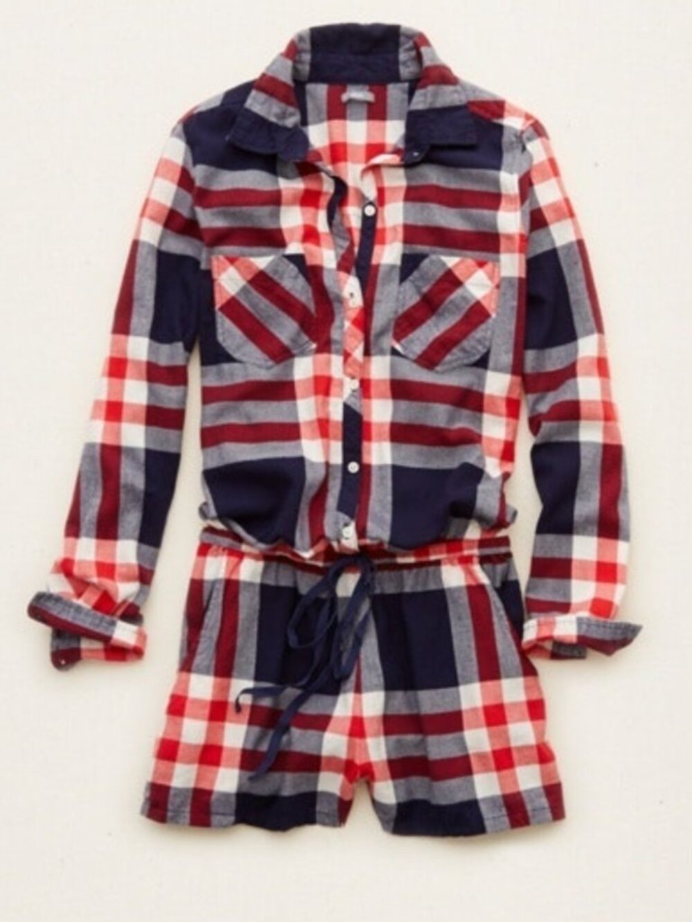 aerie flannel romper navy red plaid size small